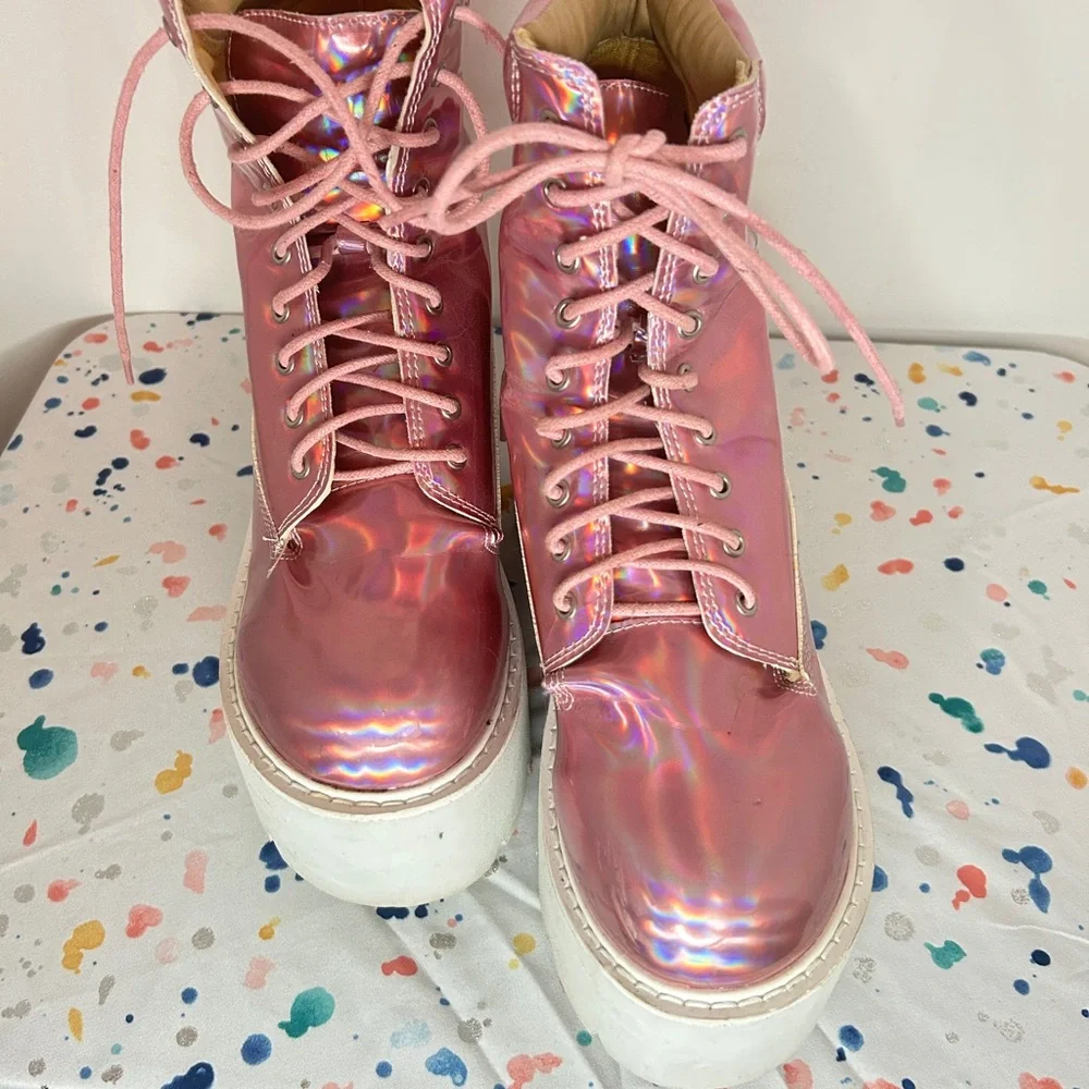 Kokopie Pink Alien Hologram Platform boots, rave, pastel goth, edm, festival